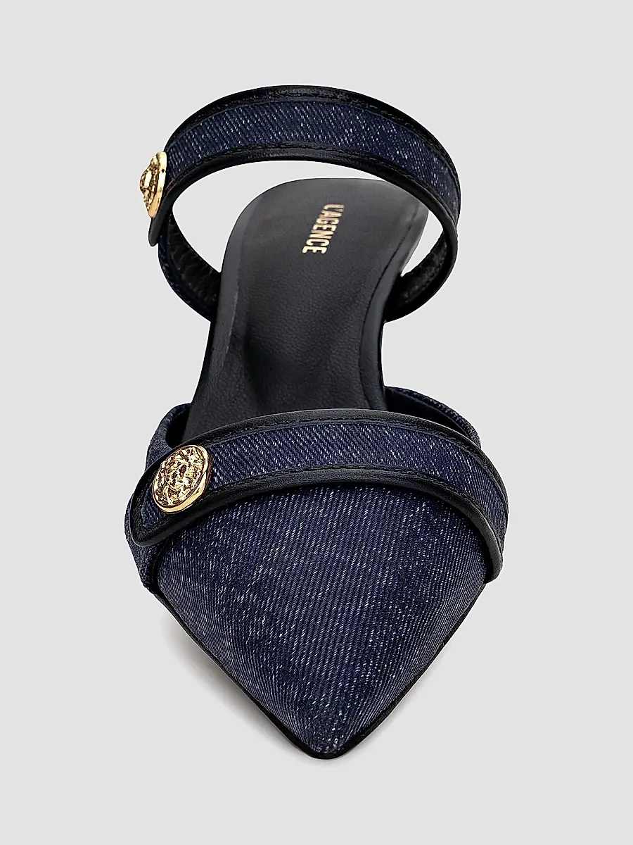 L'Agence Women's Gilliane 45MM Button-Detail Denim Pumps | Thumbnail 4 L'Agence Women's Gilliane 45MM Button-Detail Denim Pumps | Thumbnail 4