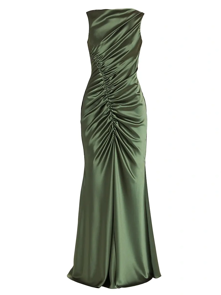 Amsale Women's Ruched Satin Gown - Olive | Image 1 Amsale Women's Ruched Satin Gown - Olive | Image 1