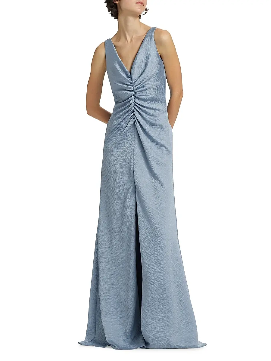 Amsale Women's Satin Cinched V-Neck A-Line Gown | Thumbnail 2 Amsale Women's Satin Cinched V-Neck A-Line Gown | Thumbnail 2