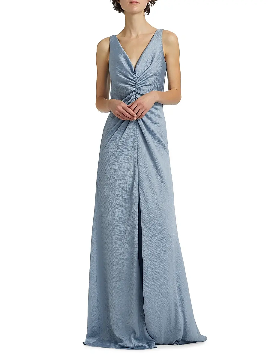 Amsale Women's Satin Cinched V-Neck A-Line Gown | Thumbnail 3 Amsale Women's Satin Cinched V-Neck A-Line Gown | Thumbnail 3