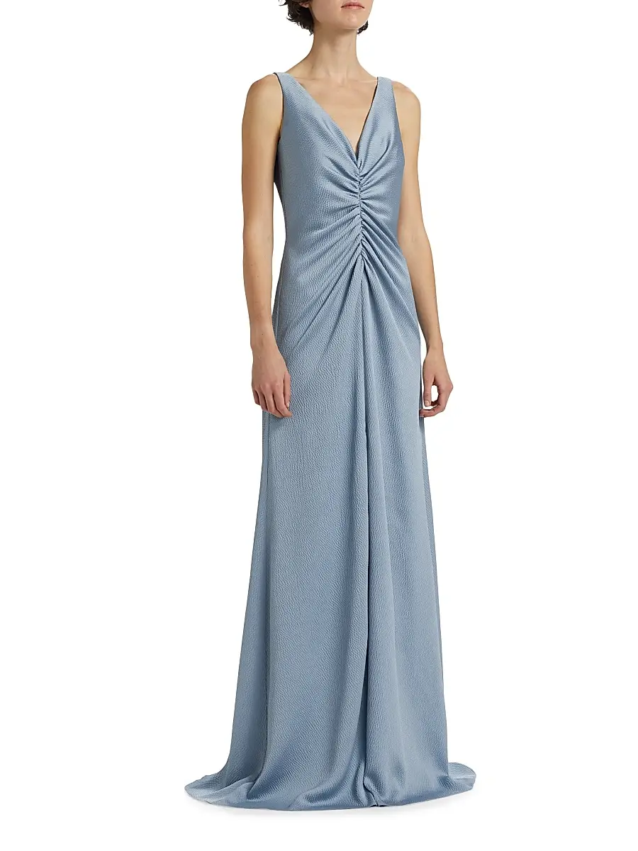 Amsale Women's Satin Cinched V-Neck A-Line Gown | Thumbnail 4 Amsale Women's Satin Cinched V-Neck A-Line Gown | Thumbnail 4