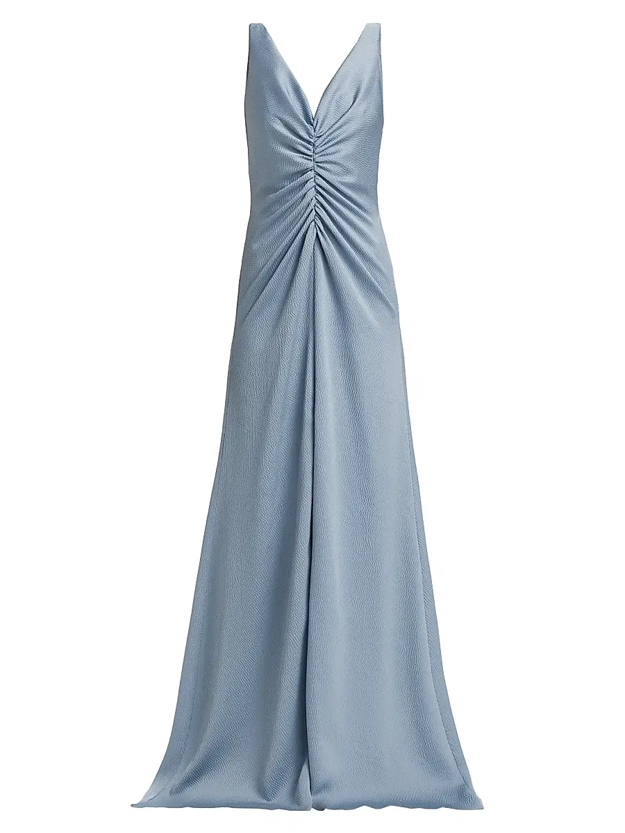Amsale Women's Satin Cinched V-Neck A-Line Gown - Smokey Blue | Image 1 Amsale Women's Satin Cinched V-Neck A-Line Gown - Smokey Blue | Image 1