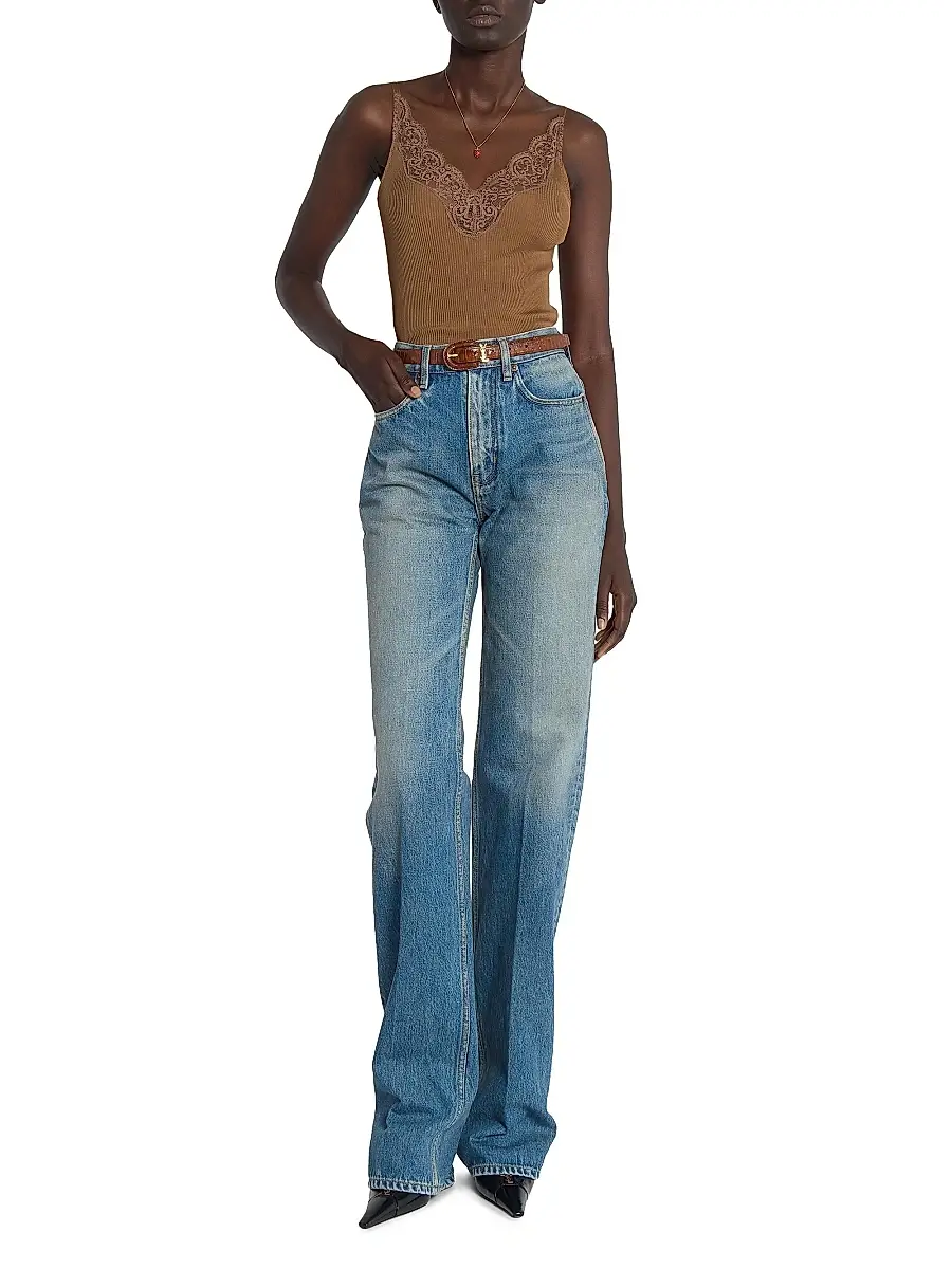 Saint Laurent Women's Laced Tank Top in Ribbed Silk Jersey | Thumbnail 2