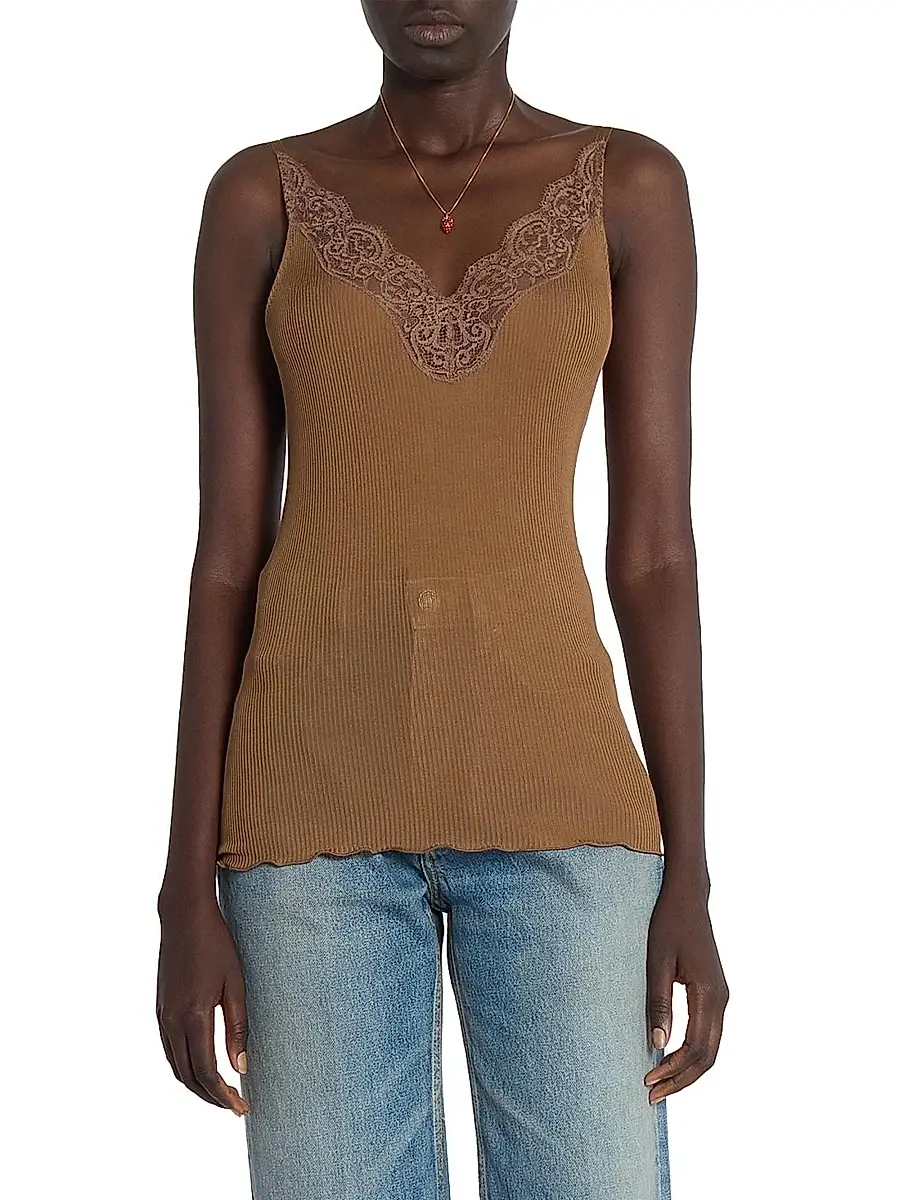 Saint Laurent Women's Laced Tank Top in Ribbed Silk Jersey | Thumbnail 4