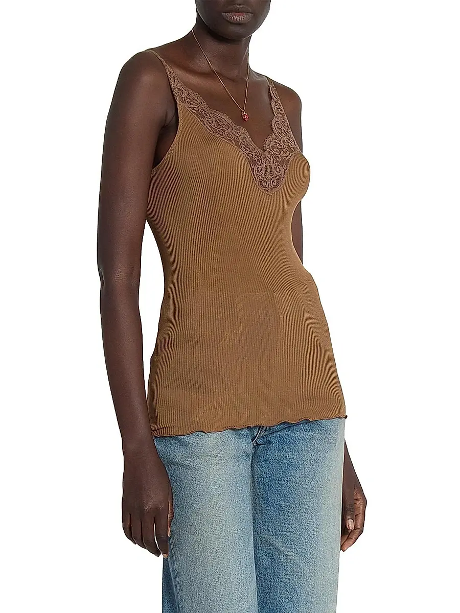 Saint Laurent Women's Laced Tank Top in Ribbed Silk Jersey | Thumbnail 5