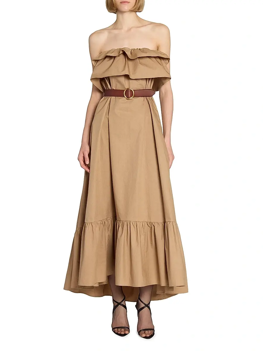 Saint Laurent Women's Ruffled Dress in Cotton Serge - Beige Fonce | Thumbnail 3 Saint Laurent Women's Ruffled Dress in Cotton Serge - Beige Fonce | Thumbnail 3
