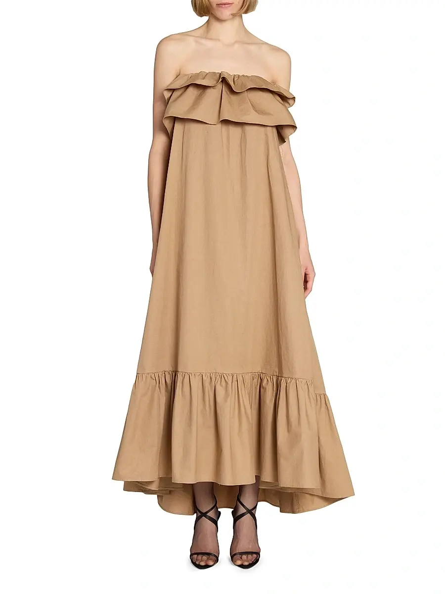 Saint Laurent Women's Ruffled Dress in Cotton Serge - Beige Fonce | Thumbnail 4 Saint Laurent Women's Ruffled Dress in Cotton Serge - Beige Fonce | Thumbnail 4