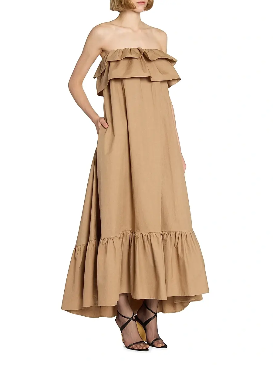 Saint Laurent Women's Ruffled Dress in Cotton Serge - Beige Fonce | Thumbnail 5 Saint Laurent Women's Ruffled Dress in Cotton Serge - Beige Fonce | Thumbnail 5