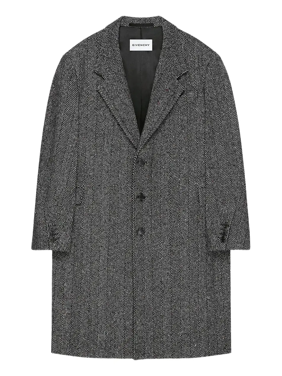 Men's Coat in Wool Herringbone - Black White Men's Coat in Wool Herringbone - Black White