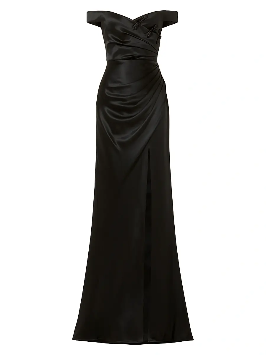 Sau Lee Women's Paulina Ruched Satin Off-The-Shoulder Gown - Black | Image 1 Sau Lee Women's Paulina Ruched Satin Off-The-Shoulder Gown - Black | Image 1