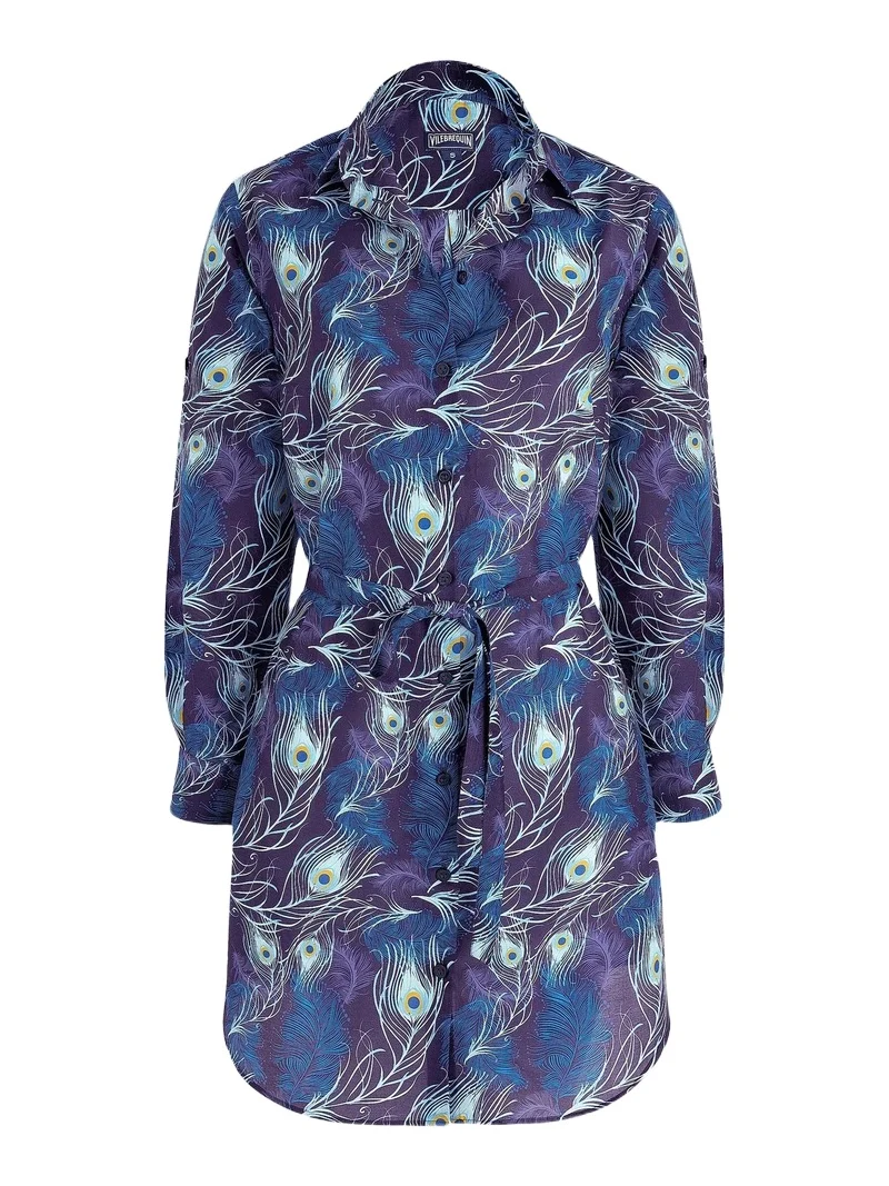 Women's Eye Of The Wind Feather-Print Cotton-Silk Mini-Shirtdress Women's Eye Of The Wind Feather-Print Cotton-Silk Mini-Shirtdress