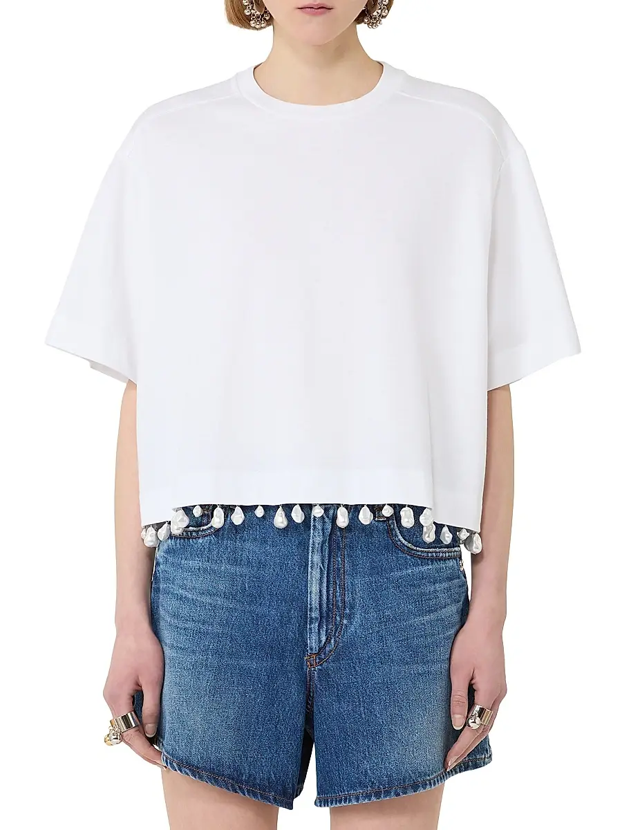 Sportmax Women's Pearl Embroidered Cropped T-Shirt | Thumbnail 3