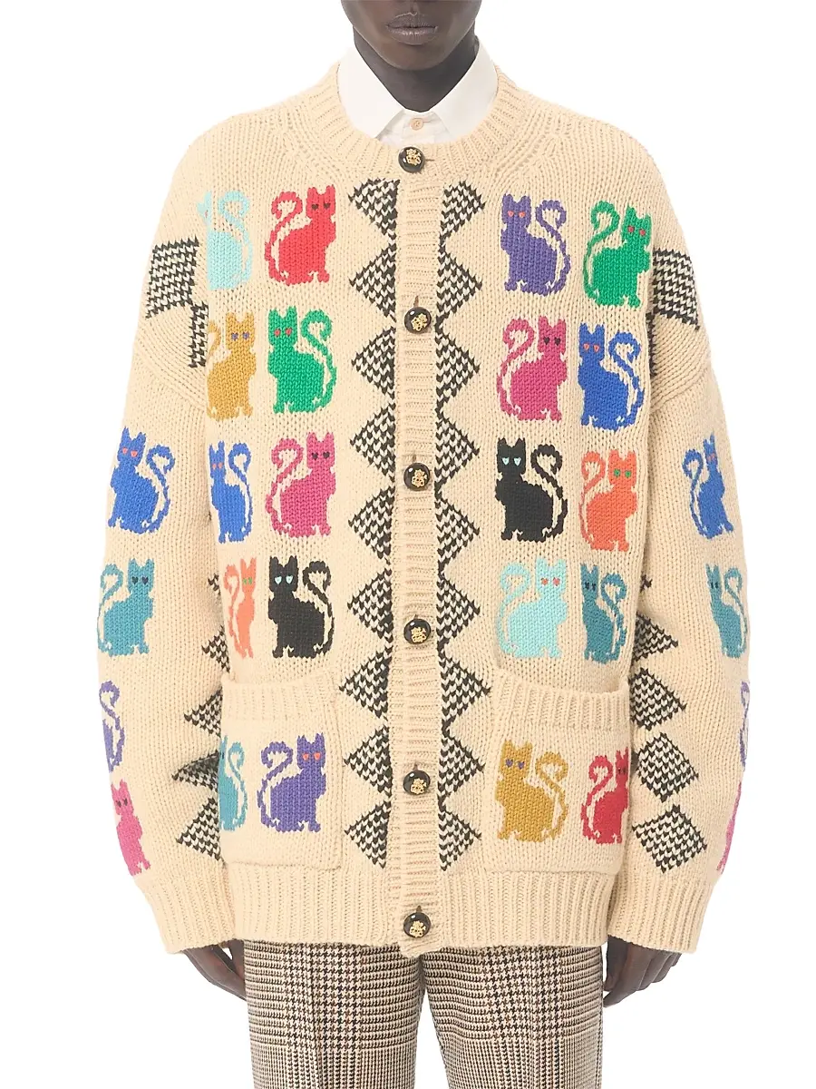Valentino Garavani Men's Wool Cardigan With Le Chat De La Maison Jacquard Pattern | Thumbnail 2 Valentino Garavani Men's Wool Cardigan With Le Chat De La Maison Jacquard Pattern | Thumbnail 2