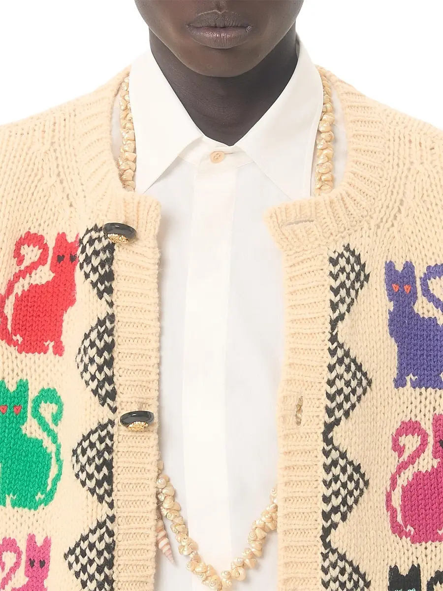 Valentino Garavani Men's Wool Cardigan With Le Chat De La Maison Jacquard Pattern | Thumbnail 5 Valentino Garavani Men's Wool Cardigan With Le Chat De La Maison Jacquard Pattern | Thumbnail 5