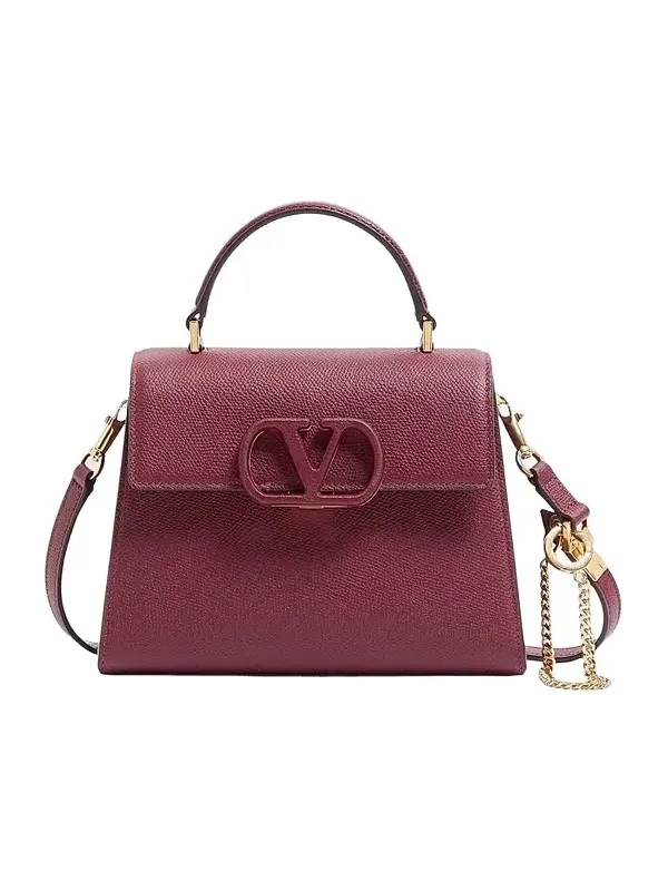 Women's V-Sling Small Top Handle Bag in Grainy Calfskin - Cherry