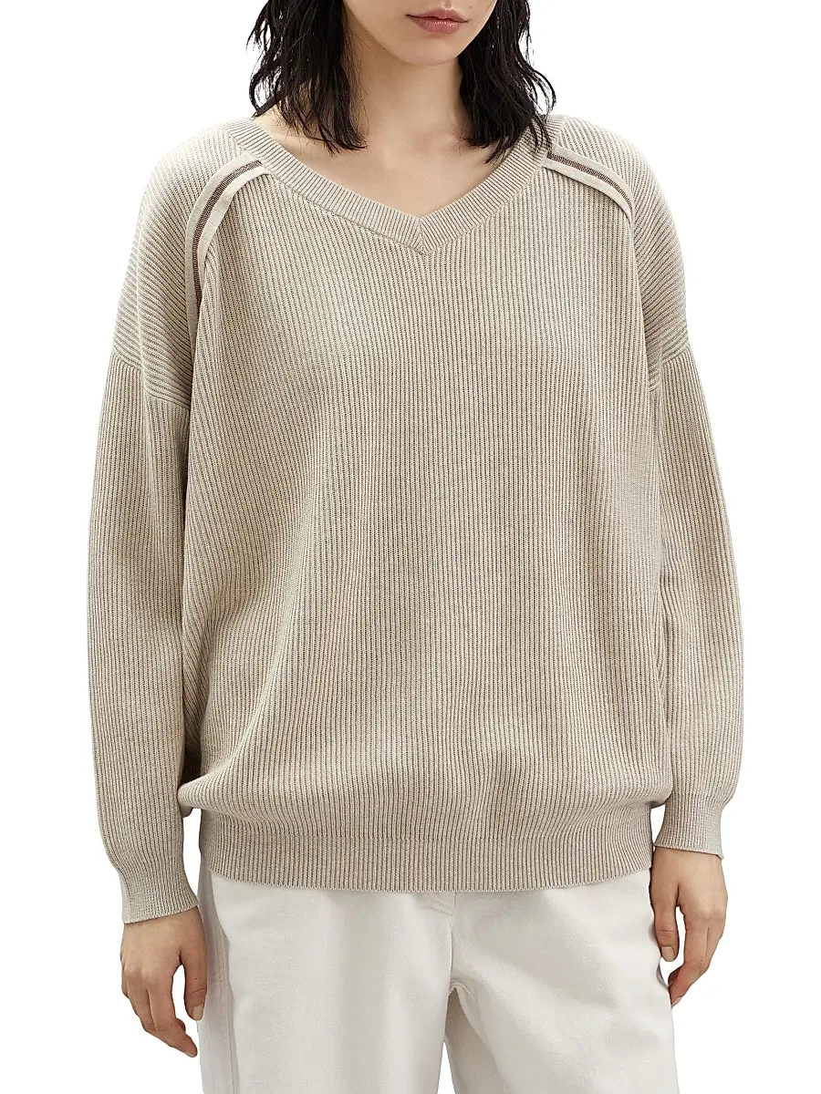 Brunello Cucinelli Women's Cotton English Rib Sweater With Shiny Stripes - Beige | Thumbnail 2