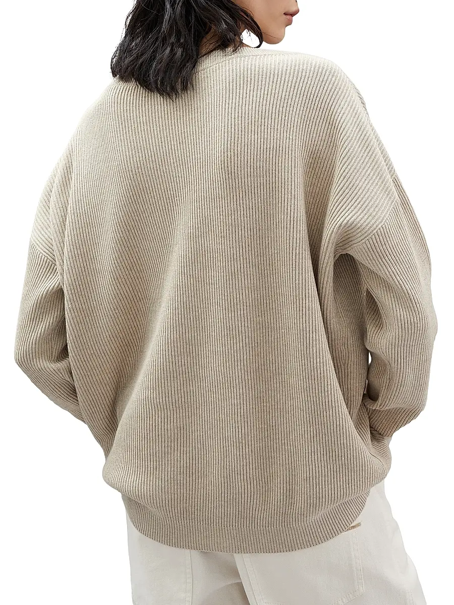 Brunello Cucinelli Women's Cotton English Rib Sweater With Shiny Stripes - Beige | Thumbnail 3