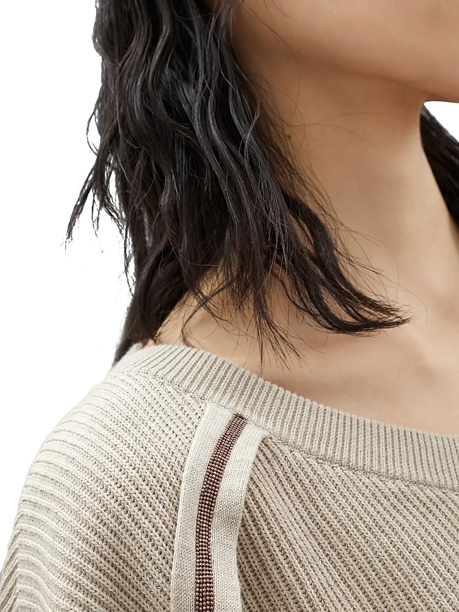 Brunello Cucinelli Women's Cotton English Rib Sweater With Shiny Stripes - Beige | Thumbnail 4