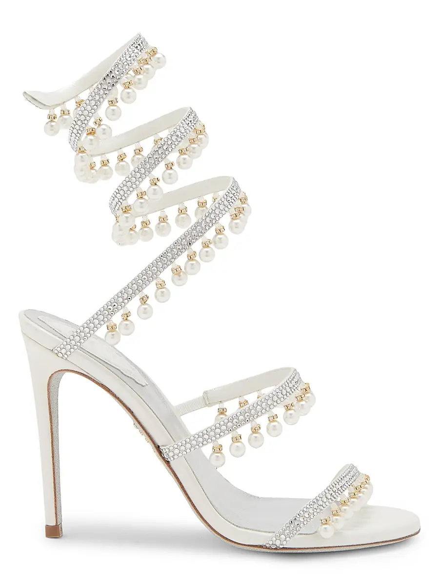 René Caovilla Women's 105MM Chandelier Imitation Pearl Satin Sandals - Crystal | Image 1 René Caovilla Women's 105MM Chandelier Imitation Pearl Satin Sandals - Crystal | Image 1