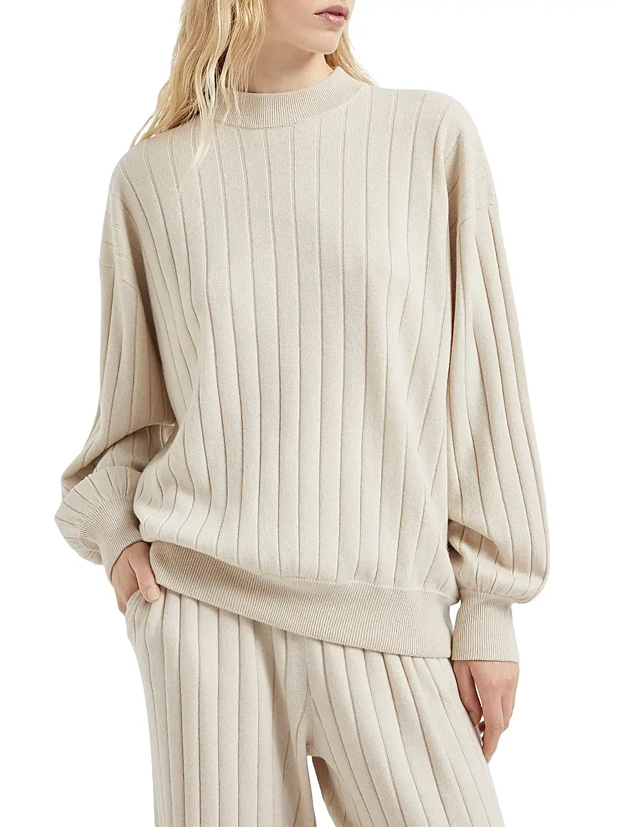 Brunello Cucinelli Women's Cashmere Flat Rib Sweater with Monili - Beige | Thumbnail 2 Brunello Cucinelli Women's Cashmere Flat Rib Sweater with Monili - Beige | Thumbnail 2