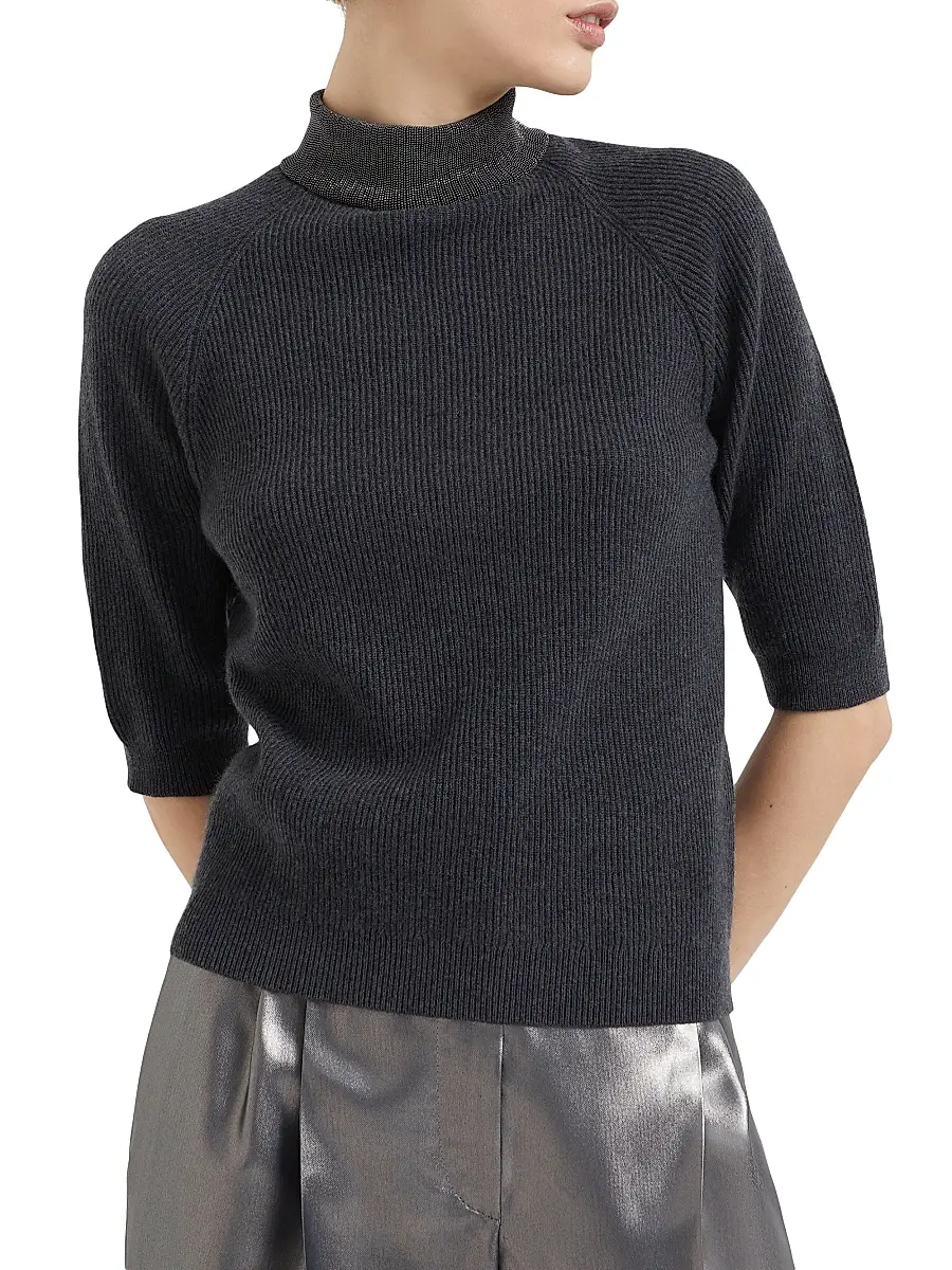 Brunello Cucinelli Women's Cashmere English Rib Sweater with Precious Ribbed Collar | Thumbnail 2 Brunello Cucinelli Women's Cashmere English Rib Sweater with Precious Ribbed Collar | Thumbnail 2