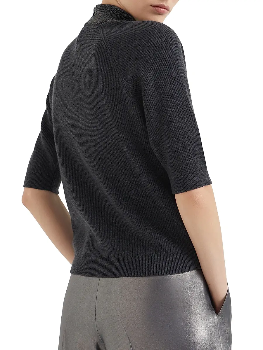 Brunello Cucinelli Women's Cashmere English Rib Sweater with Precious Ribbed Collar | Thumbnail 3 Brunello Cucinelli Women's Cashmere English Rib Sweater with Precious Ribbed Collar | Thumbnail 3