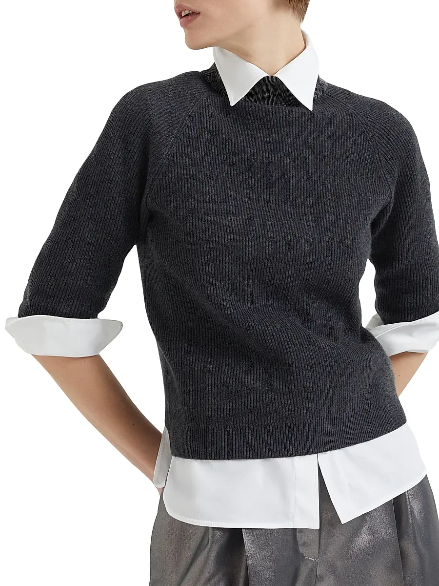 Brunello Cucinelli Women's Cashmere English Rib Sweater with Precious Ribbed Collar | Thumbnail 4 Brunello Cucinelli Women's Cashmere English Rib Sweater with Precious Ribbed Collar | Thumbnail 4