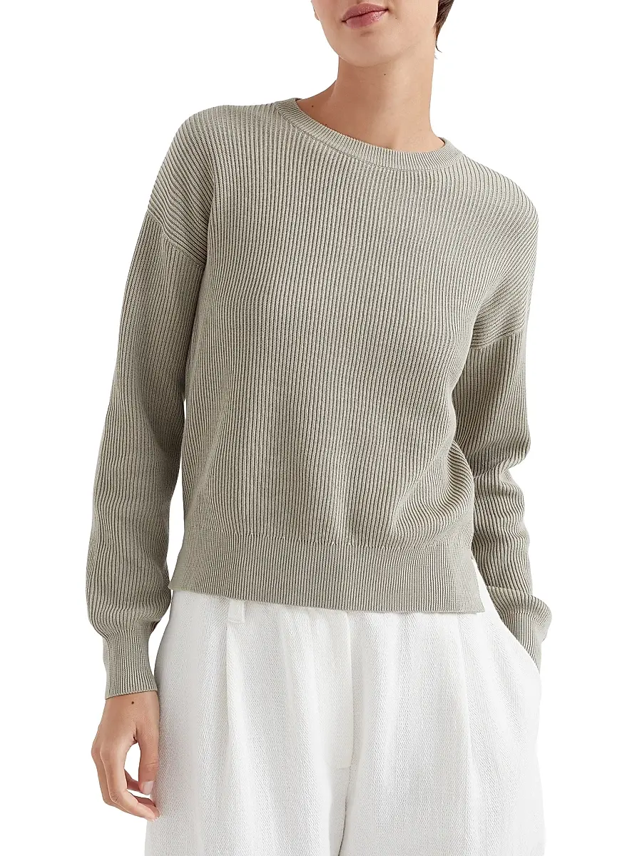 Brunello Cucinelli Women's Cotton English Rib Sweater with Monili - Olive | Thumbnail 2 Brunello Cucinelli Women's Cotton English Rib Sweater with Monili - Olive | Thumbnail 2