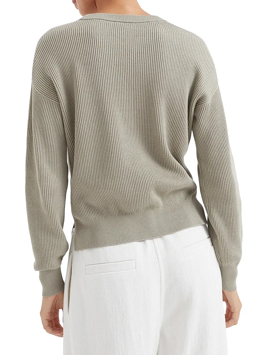 Brunello Cucinelli Women's Cotton English Rib Sweater with Monili - Olive | Thumbnail 3 Brunello Cucinelli Women's Cotton English Rib Sweater with Monili - Olive | Thumbnail 3