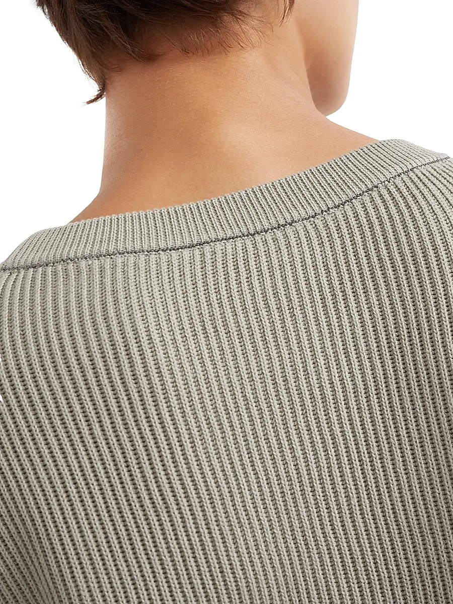 Brunello Cucinelli Women's Cotton English Rib Sweater with Monili - Olive | Thumbnail 4 Brunello Cucinelli Women's Cotton English Rib Sweater with Monili - Olive | Thumbnail 4