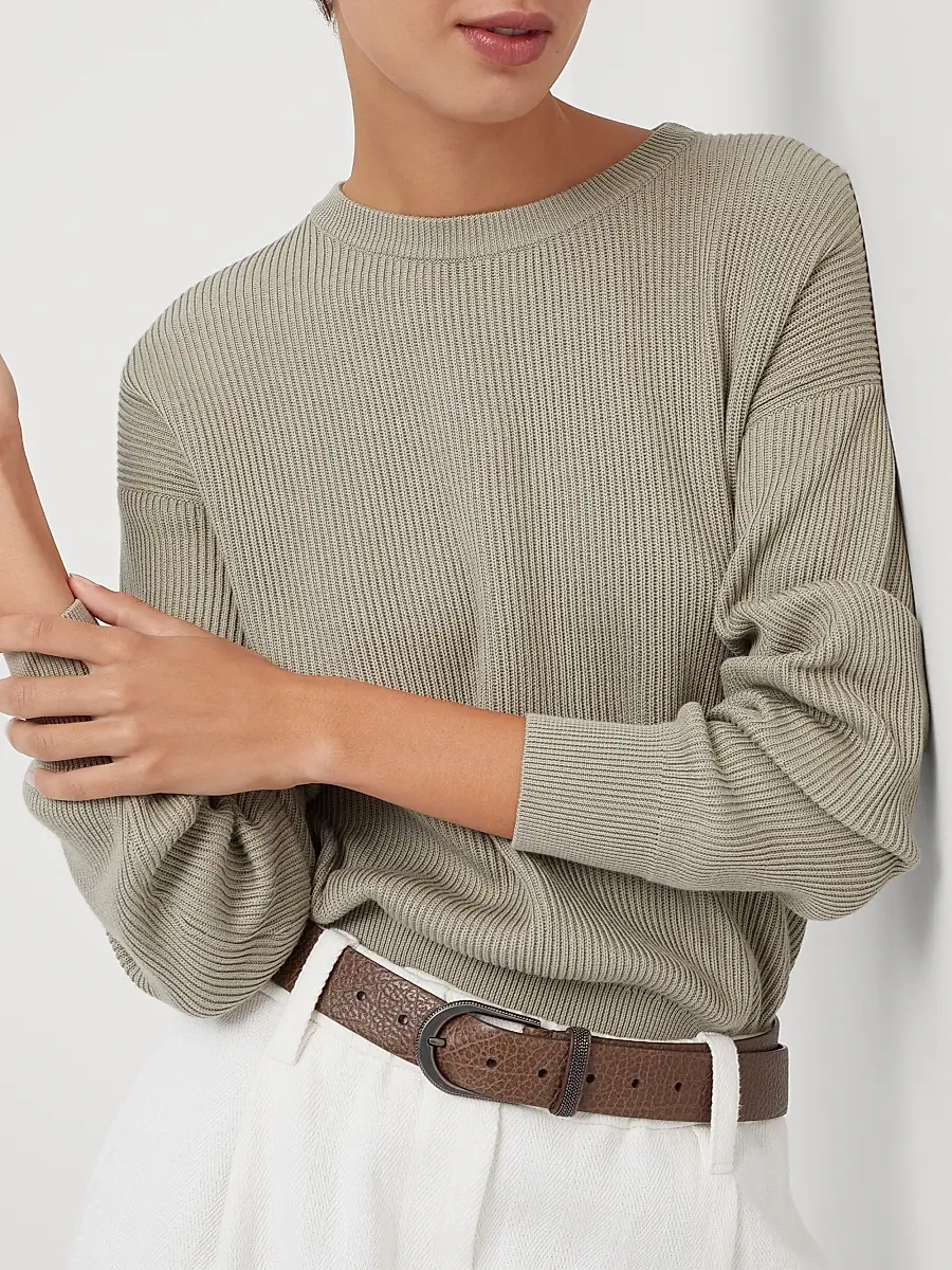 Brunello Cucinelli Women's Cotton English Rib Sweater with Monili - Olive | Thumbnail 5 Brunello Cucinelli Women's Cotton English Rib Sweater with Monili - Olive | Thumbnail 5
