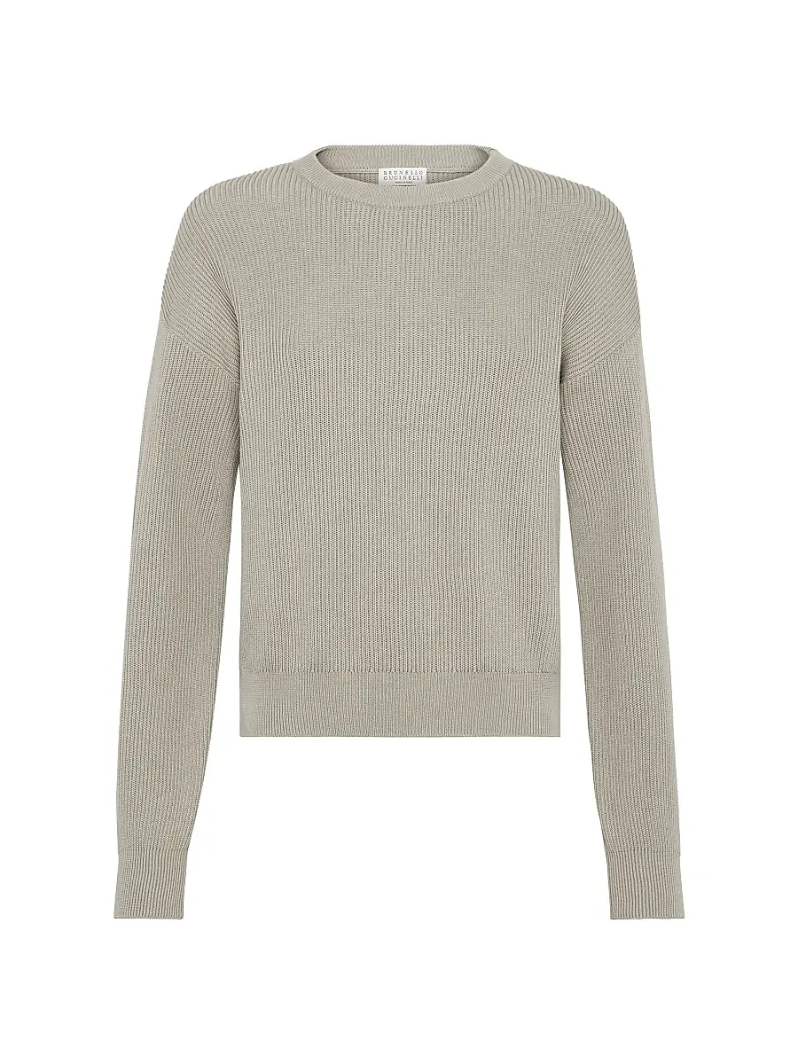 Brunello Cucinelli Women's Cotton English Rib Sweater with Monili - Olive