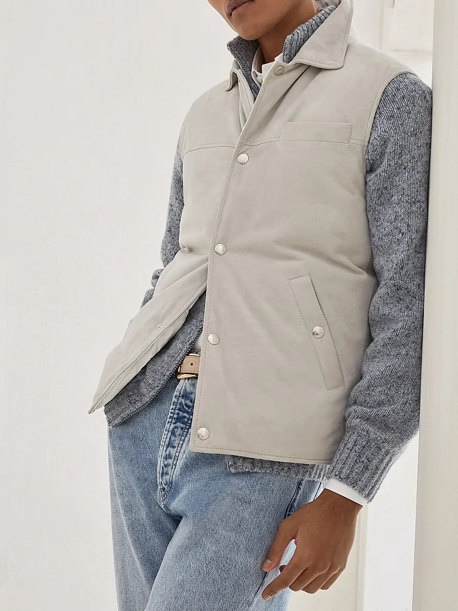Brunello Cucinelli Men's Suede Down Vest with Shirt Style Collar | Thumbnail 2 Brunello Cucinelli Men's Suede Down Vest with Shirt Style Collar | Thumbnail 2