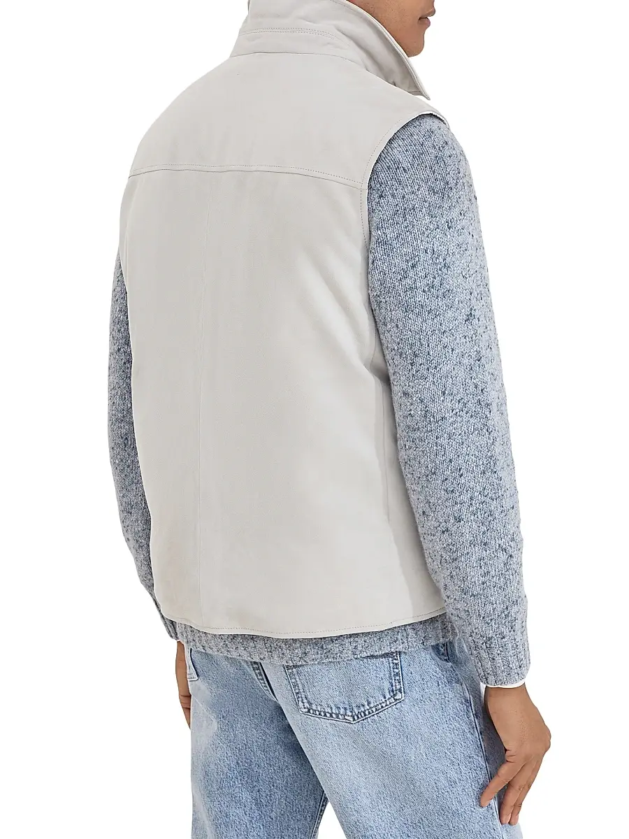 Brunello Cucinelli Men's Suede Down Vest with Shirt Style Collar | Thumbnail 3 Brunello Cucinelli Men's Suede Down Vest with Shirt Style Collar | Thumbnail 3