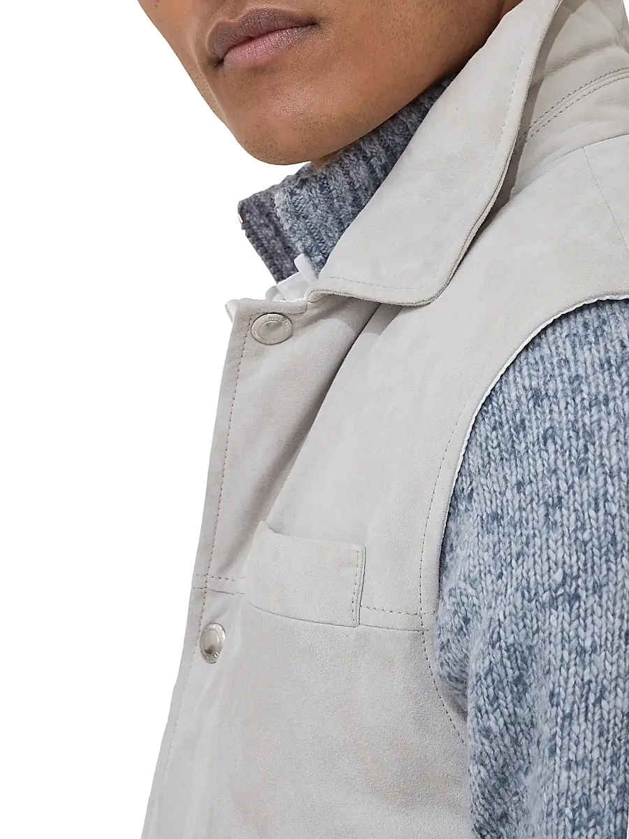 Brunello Cucinelli Men's Suede Down Vest with Shirt Style Collar | Thumbnail 4 Brunello Cucinelli Men's Suede Down Vest with Shirt Style Collar | Thumbnail 4