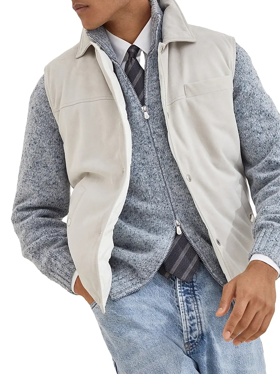 Brunello Cucinelli Men's Suede Down Vest with Shirt Style Collar | Thumbnail 5 Brunello Cucinelli Men's Suede Down Vest with Shirt Style Collar | Thumbnail 5