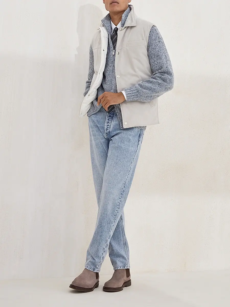 Brunello Cucinelli Men's Suede Down Vest with Shirt Style Collar | Thumbnail 6 Brunello Cucinelli Men's Suede Down Vest with Shirt Style Collar | Thumbnail 6