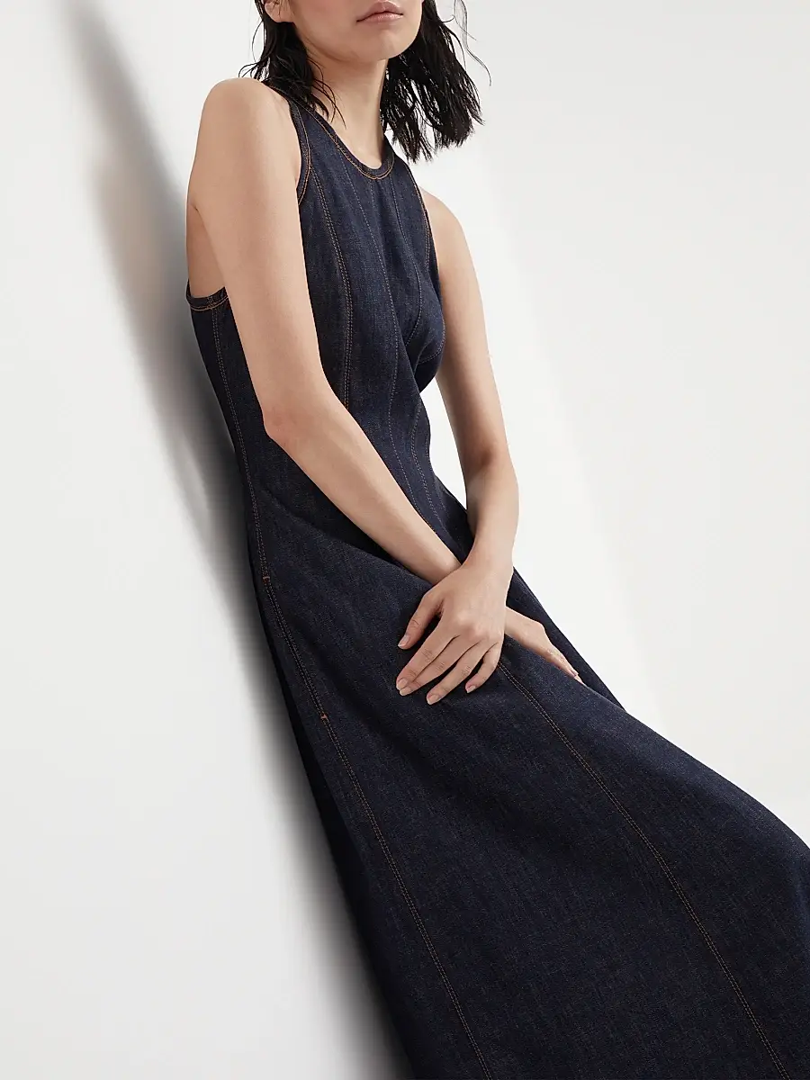 Brunello Cucinelli Women's Lightweight Wet Effect Denim Dress with Shiny Trims - Denim | Thumbnail 5