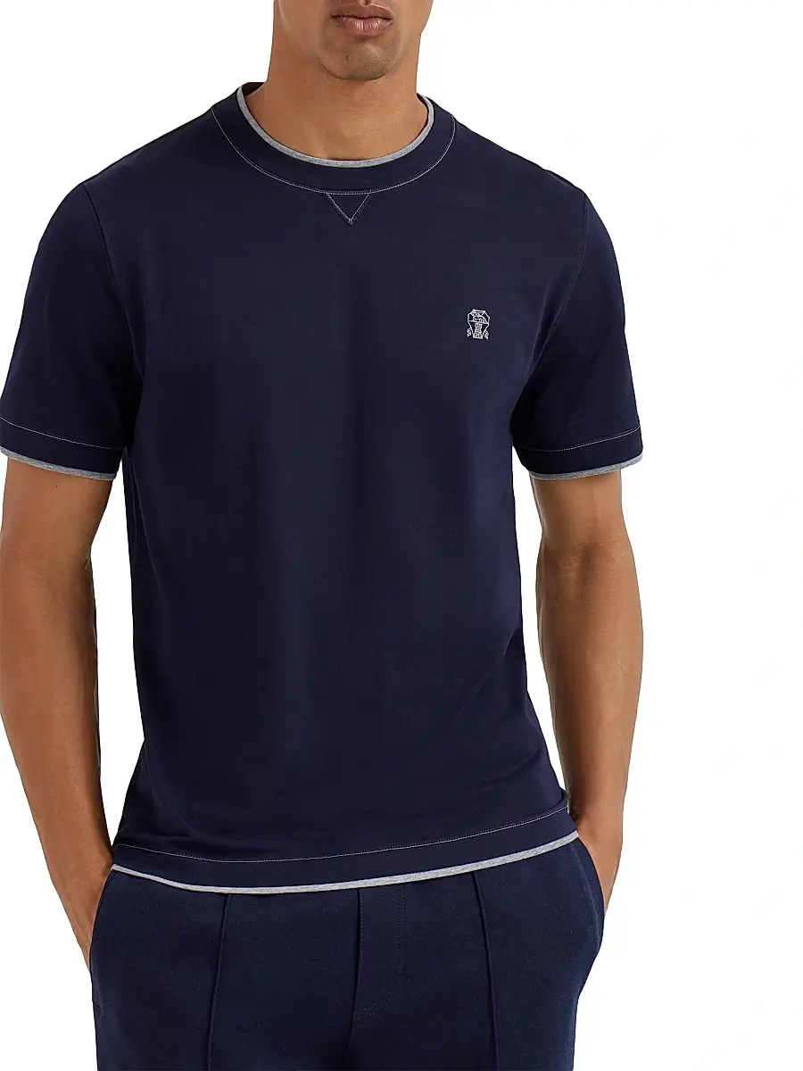 Brunello Cucinelli Men's Cotton Jersey Crewneck T-Shirt with Logo - Cobalt | Thumbnail 2