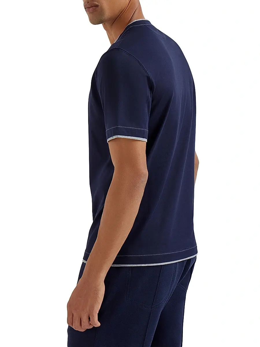Brunello Cucinelli Men's Cotton Jersey Crewneck T-Shirt with Logo - Cobalt | Thumbnail 3