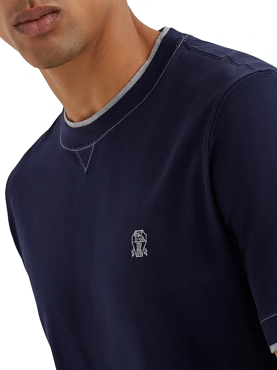 Brunello Cucinelli Men's Cotton Jersey Crewneck T-Shirt with Logo - Cobalt | Thumbnail 4