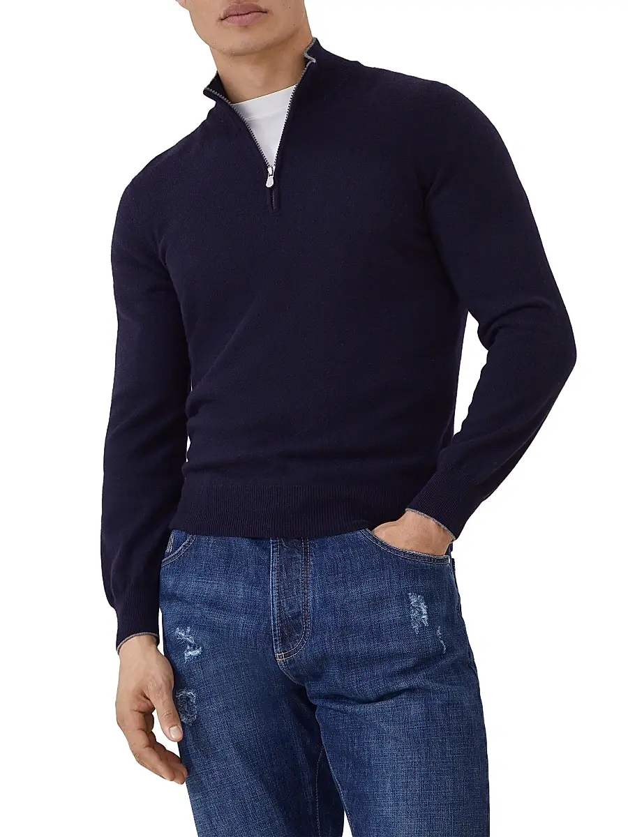 Brunello Cucinelli Men's Cashmere Sweater with Half Zip - Navy Blue | Thumbnail 2 Brunello Cucinelli Men's Cashmere Sweater with Half Zip - Navy Blue | Thumbnail 2