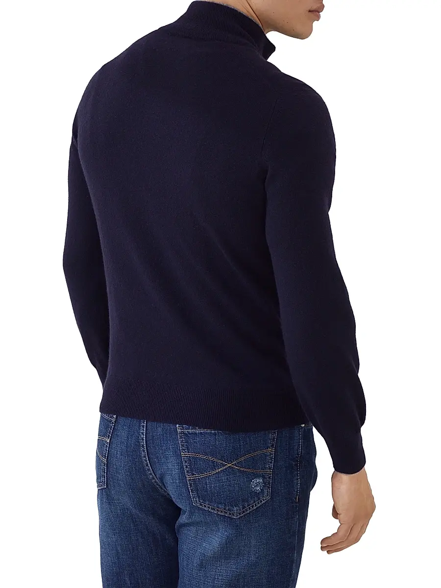 Brunello Cucinelli Men's Cashmere Sweater with Half Zip - Navy Blue | Thumbnail 3 Brunello Cucinelli Men's Cashmere Sweater with Half Zip - Navy Blue | Thumbnail 3