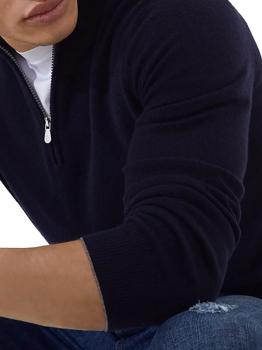 Brunello Cucinelli Men's Cashmere Sweater with Half Zip - Navy Blue | Thumbnail 4 Brunello Cucinelli Men's Cashmere Sweater with Half Zip - Navy Blue | Thumbnail 4