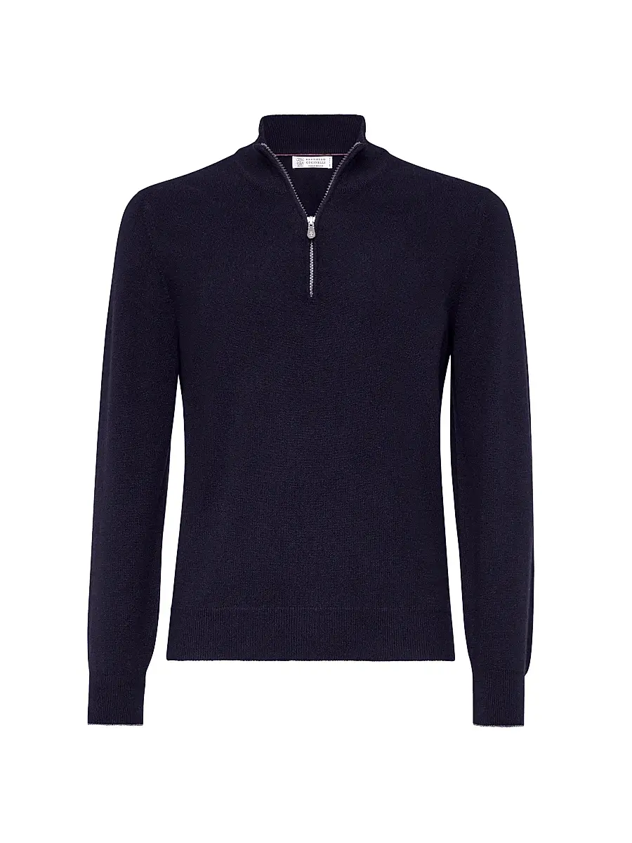 Brunello Cucinelli Men's Cashmere Sweater with Half Zip - Navy Blue