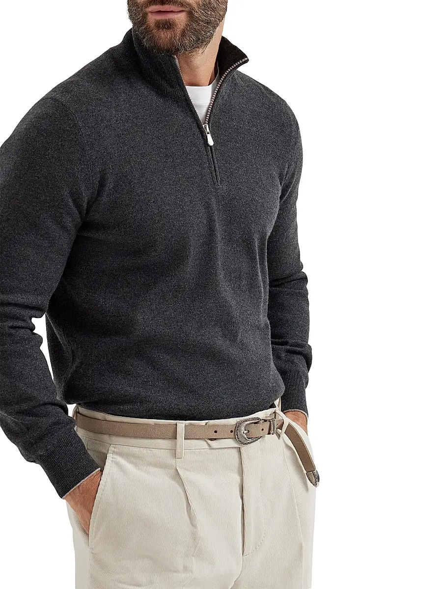 Brunello Cucinelli Men's Cashmere Sweater with Half Zip - Charcoal | Thumbnail 2 Brunello Cucinelli Men's Cashmere Sweater with Half Zip - Charcoal | Thumbnail 2