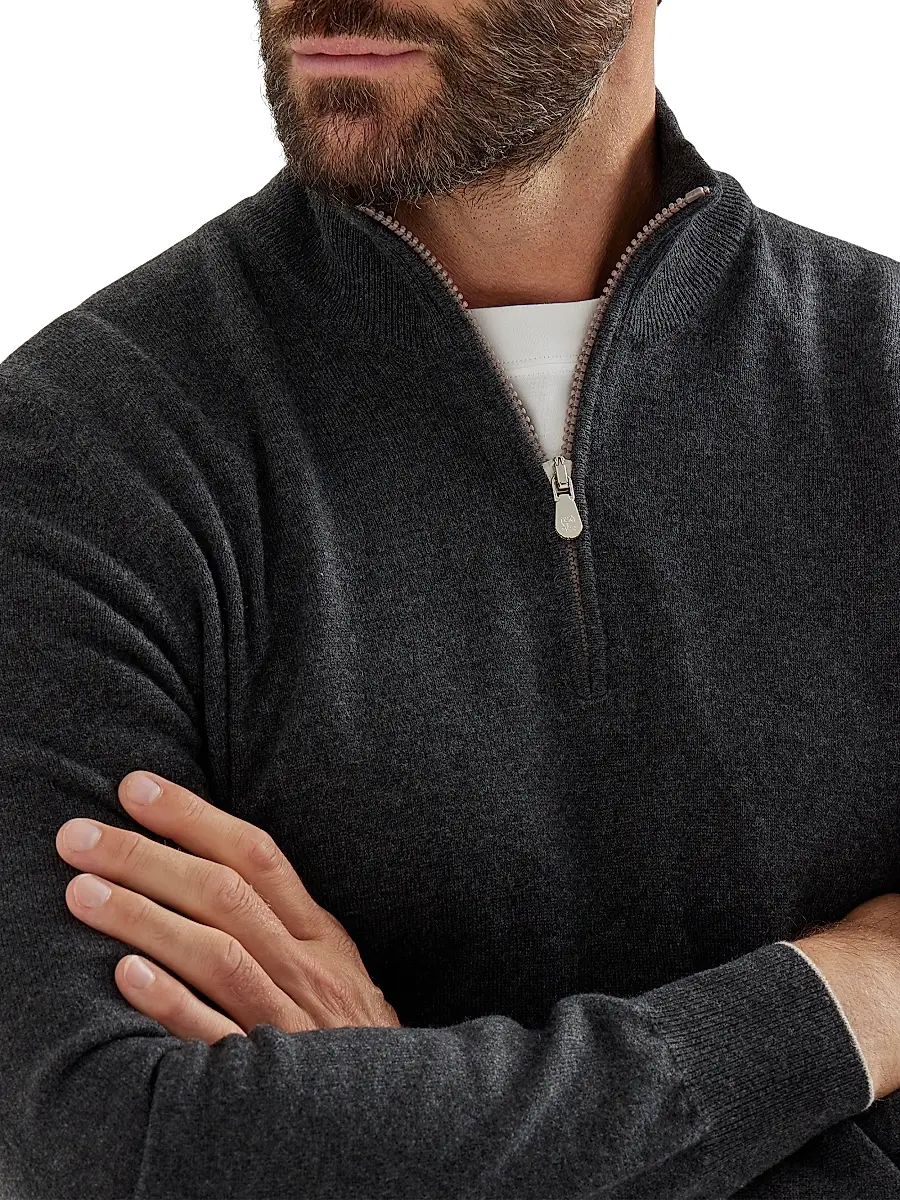 Brunello Cucinelli Men's Cashmere Sweater with Half Zip - Charcoal | Thumbnail 4 Brunello Cucinelli Men's Cashmere Sweater with Half Zip - Charcoal | Thumbnail 4
