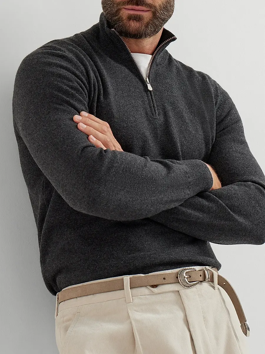 Brunello Cucinelli Men's Cashmere Sweater with Half Zip - Charcoal | Thumbnail 5 Brunello Cucinelli Men's Cashmere Sweater with Half Zip - Charcoal | Thumbnail 5