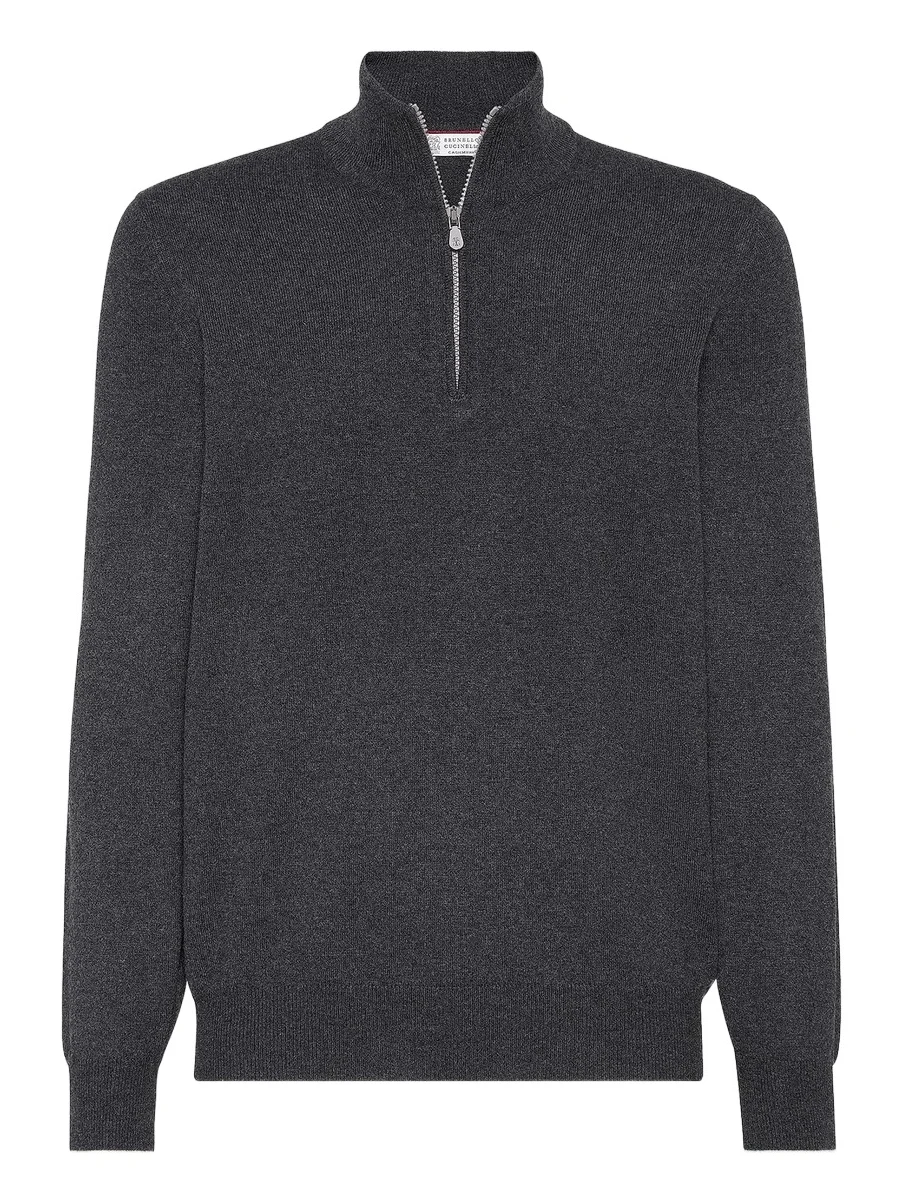 Brunello Cucinelli Men's Cashmere Sweater with Half Zip - Charcoal