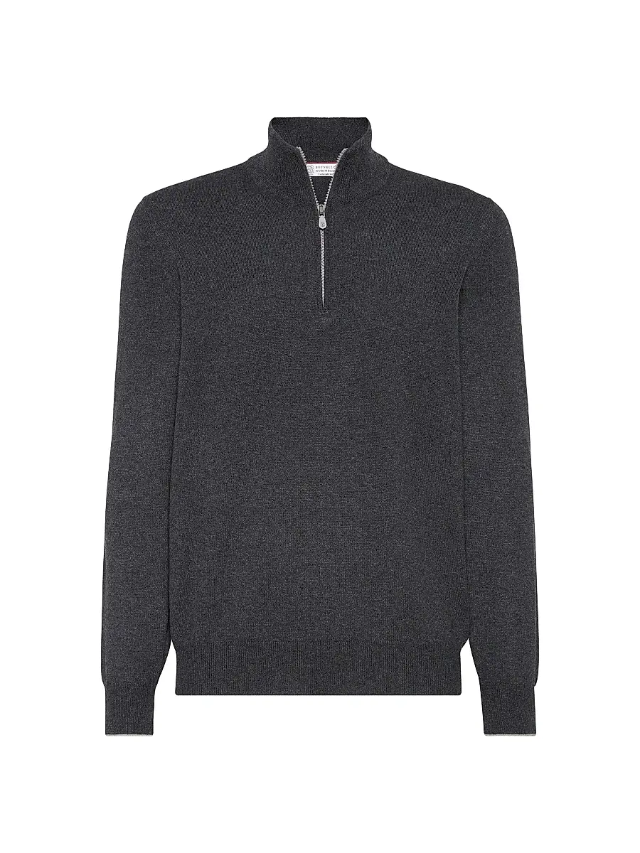 Brunello Cucinelli Men's Cashmere Sweater with Half Zip - Charcoal